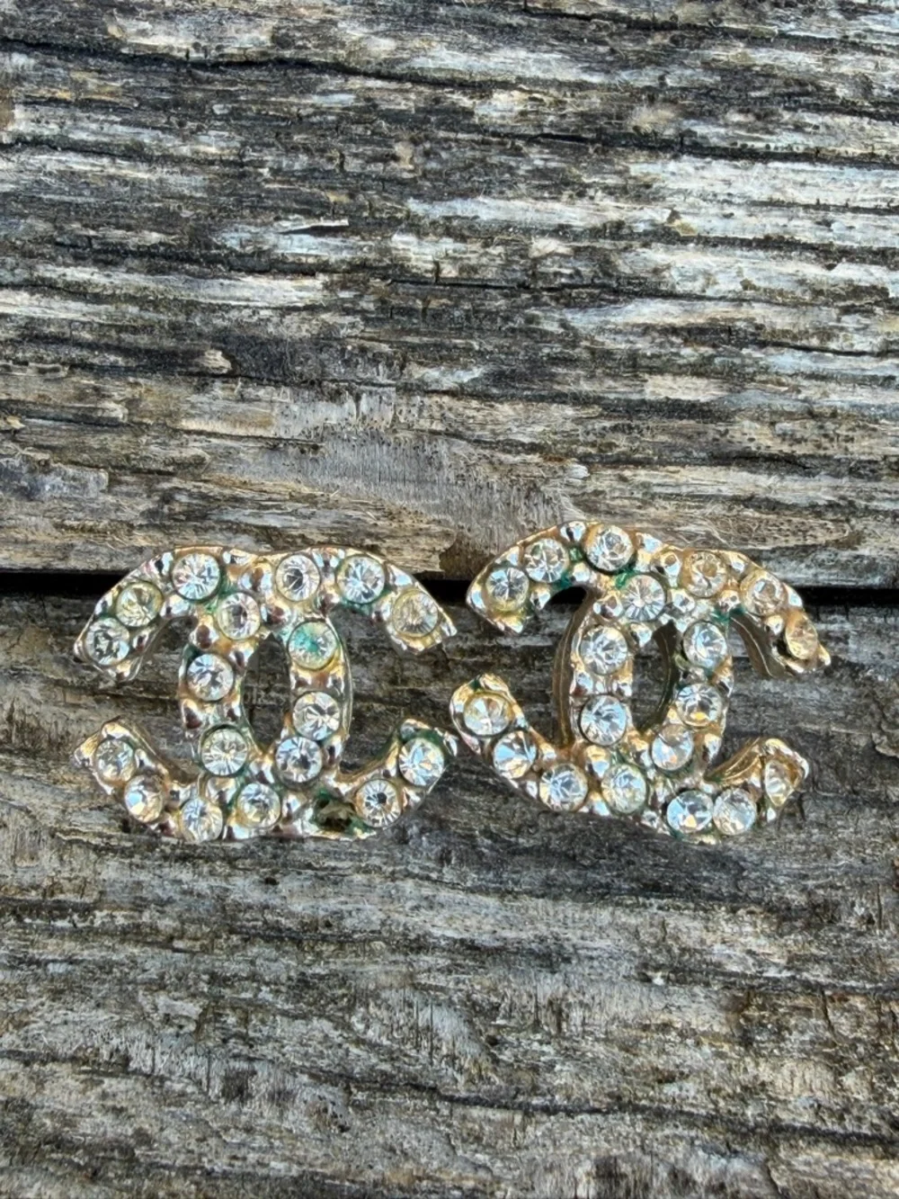 CHANEL Vintage Crystal Double C Stud Earrings - Clear Crystal and Silver Tone - Picture 7 of 10